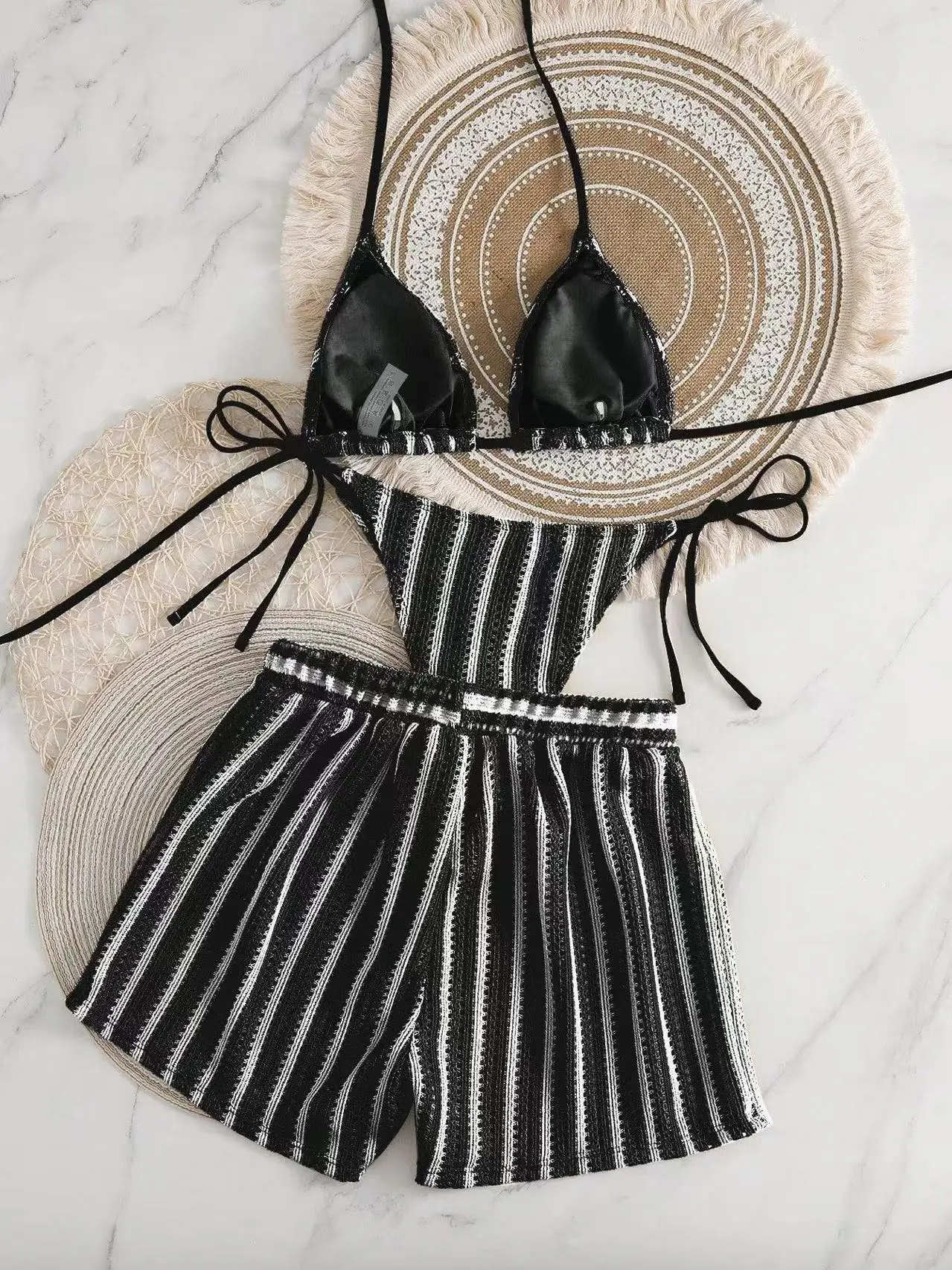 2026 new style boxer shorts mesh three-piece women's swimsuit neck lace-up bikini set - Image 5