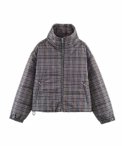 HH Woman Winter Fashion Long Sleeves Stand Collar Plaid Pocket Zipper Decoration Cotton Jacket Female Versatile Cotton Jacket