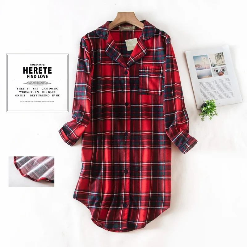 Winter 100% Brushed cotton nightshirts women nightgowns sleepwear fashion plaid Plus size sleepdress night dress nightwear