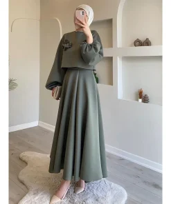 Eid Dubai Fashion Set 2 Piece Women Lantern Sleeve Top Shirt & Skirts Suits Musulman Ensembles Jalabiya Appliques Muslim Sets - Image 5