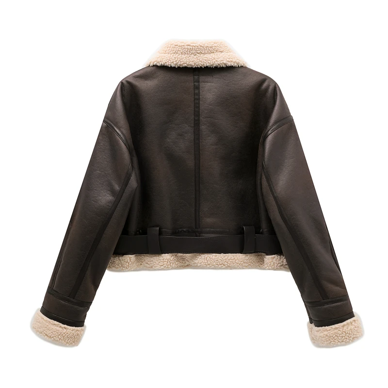 RARF 2024 New Woman's Fashion Thick Warm Faux Shearling Jacket Coat Vintage Long Sleeve Belt Hem Female Outerw - Image 2