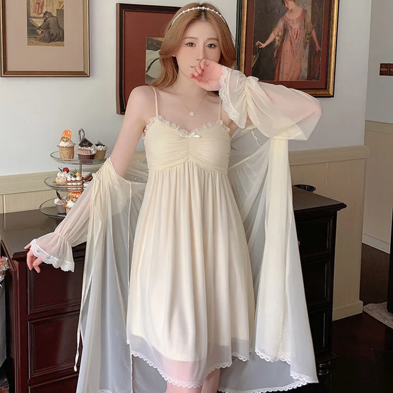 Spring Nightdress Women Lace Sweet Nightgown Home Dress Pajamas Summer Girl Princess Style Soft Sleepwear Nightwear Outwear - Image 6
