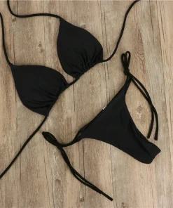 Solid Color Hanging Neck Style Lace-Up Bikini Women's Sexy Adjustable Triangle Beach Swimsuit No Steel Bracket No Chest Pad - Image 4