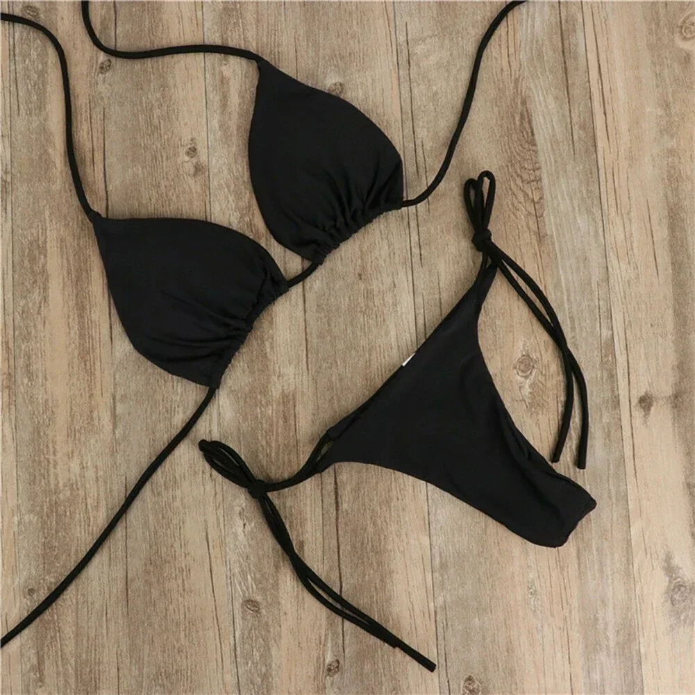 Solid Color Hanging Neck Style Lace-Up Bikini Women's Sexy Adjustable Triangle Beach Swimsuit No Steel Bracket No Chest Pad - Image 4