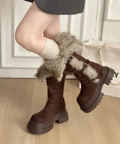 Winter Platform Thick Bottom Fur Lining Woman Knight High Boots Fashion Belt Buckle Stripper Party Shoes Female Long Booties - Image 4