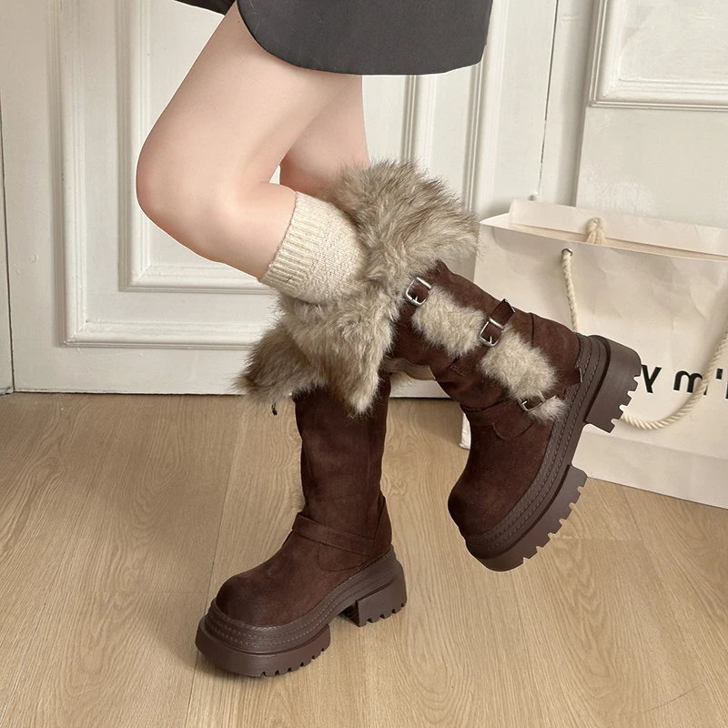 Winter Platform Thick Bottom Fur Lining Woman Knight High Boots Fashion Belt Buckle Stripper Party Shoes Female Long Booties - Image 4