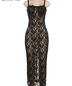 Weird Puss Lace Black Women Maxi Dress See Through Sleeveless Ladies Sexy Coquette Nightclub Party Bodycon Slim Fit Vestidos - Image 6