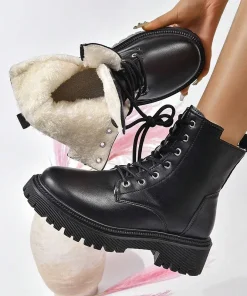 Winter Warm Short Plush Ankle Boots Women Fashion Zip Lace Up Platform Combat Boots Woman Comfy Low Heels Pu Leather Botas Mujer - Image 6