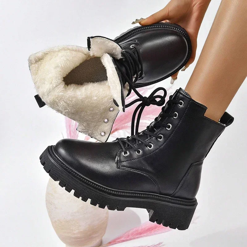 Winter Warm Short Plush Ankle Boots Women Fashion Zip Lace Up Platform Combat Boots Woman Comfy Low Heels Pu Leather Botas Mujer - Image 6