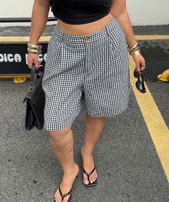 Ladies plus Size Spring Simple Casual Black White Plaid Shorts Wide Leg Pants Trousers for Women - Image 3