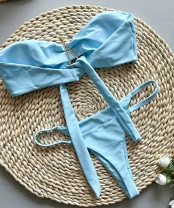 Sexy Women's Bikini Solid Color Strapless Split Swimsuit - Image 5