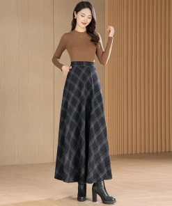 Plaid Wool Midi Skirt for Women - High Waisted A-Line Pleated Skirt, Fall/Winter Fashionable Casual Wear - Image 4