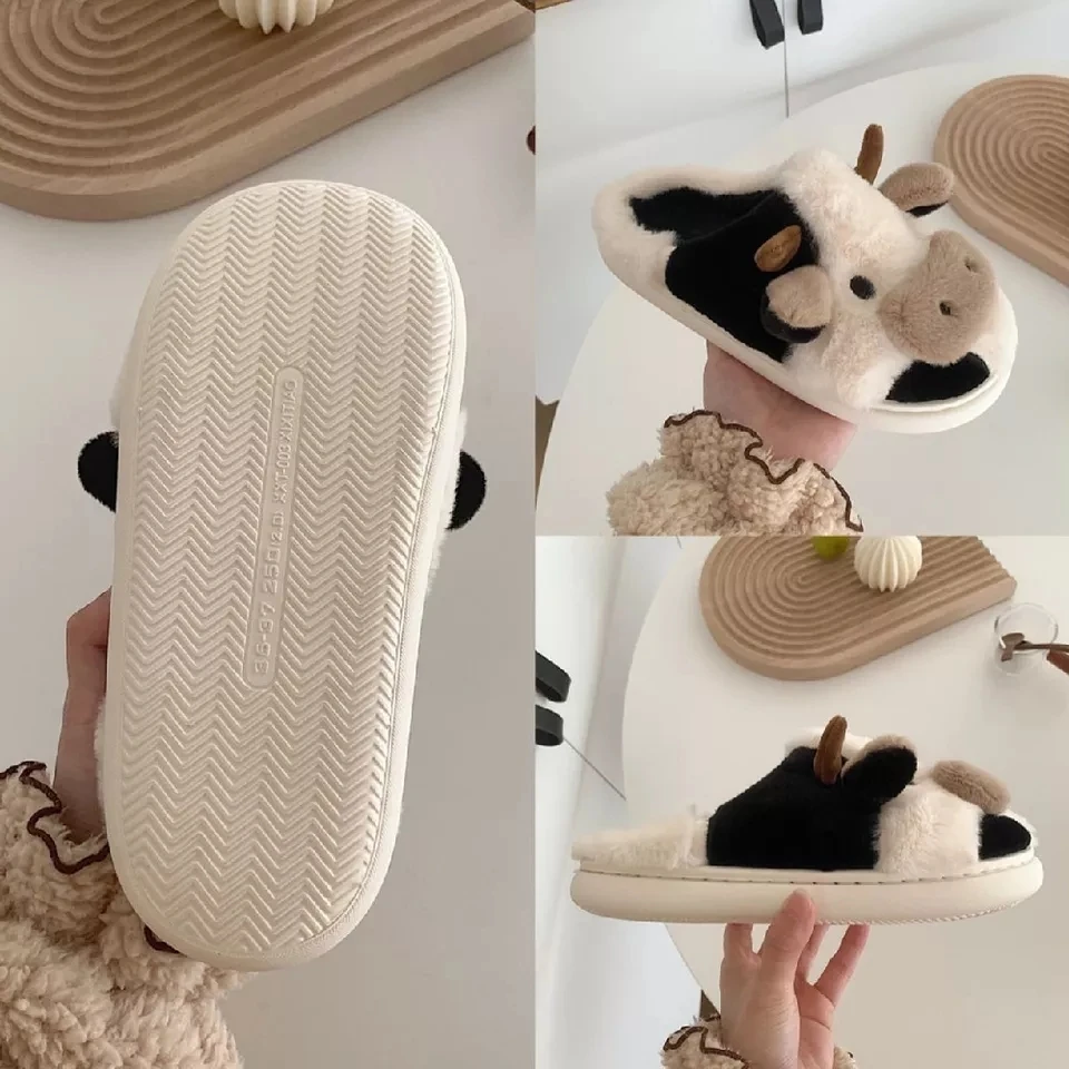 Comwarm Cute Furry Slipper For Women Girls Winter Fashion Milk Cow Fluffy Warm Slippers Woman Cartoon Animal Home Cotton Shoes - Image 6