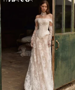 With Corset Lace Long Wedding Dress Without Gloves Dreamy Off Shoulder A-line Bridal Gown Customized Vintage Dresses For Bride