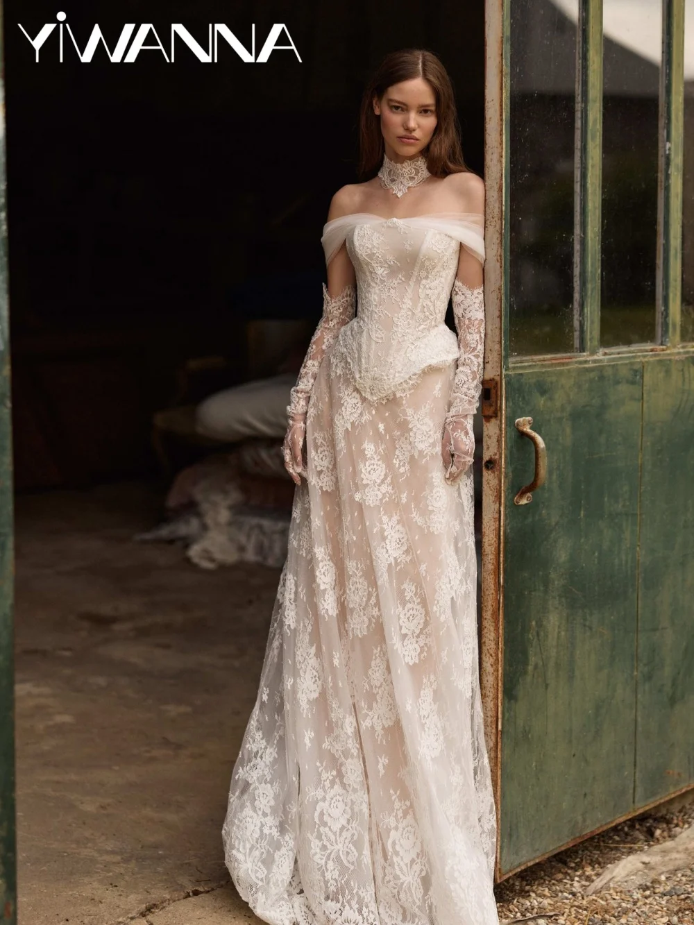 With Corset Lace Long Wedding Dress Without Gloves Dreamy Off Shoulder A-line Bridal Gown Customized Vintage Dresses For Bride