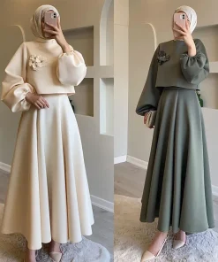Eid Dubai Fashion Set 2 Piece Women Lantern Sleeve Top Shirt & Skirts Suits Musulman Ensembles Jalabiya Appliques Muslim Sets
