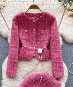 Autumn Winter Fashion Rose Red Woolen Two Piece Set Women Golden Button Chain Belt Tweed Short Jacket Coat+Split Midi Skirt Suit - Image 4