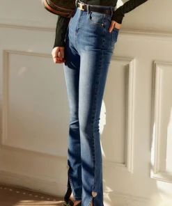 OLrain Women's Blue Bootcut Jeans for Woman 2025 Cotton Denim High Waist Slim Flared Pants with Slit Ladies Clothes O22CA60611 - Image 5