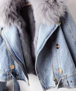 New Winter Denim Jacket Women Fashion Overcoat Faux Fox Fur Collar Jean Coat Female Short Warm Parkas Rabbit Hair Lining Outwear - Image 5