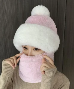 Winter Scarf Set Hooded for Women Plush Neck Warm Russia Outdoor Ski Windproof Hat Thick Plush Fluffy Beanies - Image 5
