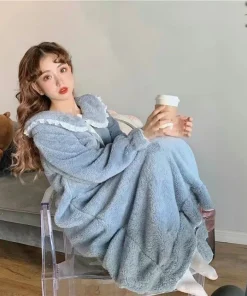 Thickened Warm Coral Velvet Nightgown Female Autumn and Winter One-Piece Pajamas Student Homewear Solid Sleepwear Loungewear - Image 4