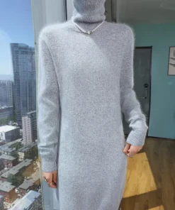 TLOML Women 100% Mink Cashmere Dress Turtleneck Pullover Casual Style Autumn Winter Slim Soft Warm Cashmere Knitted Short Dress - Image 4