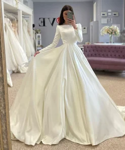 SoDigne Conservative Wedding dress Satin Wedding Dresses Full Sleeve Muslim Bridal Gown Modest Long Wedding Gown Customized - Image 2