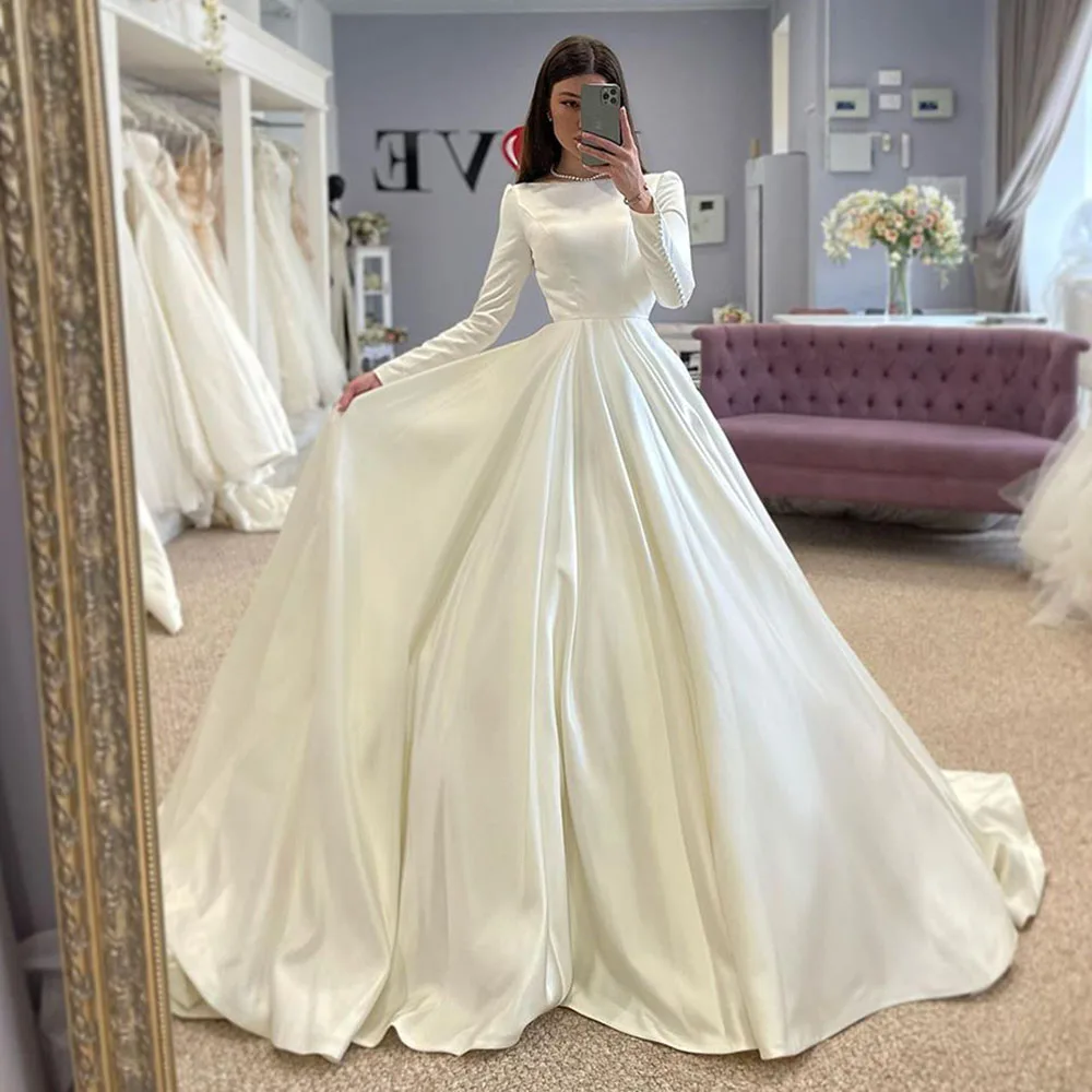 SoDigne Conservative Wedding dress Satin Wedding Dresses Full Sleeve Muslim Bridal Gown Modest Long Wedding Gown Customized - Image 2