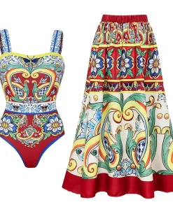2024 Vintage Pattern Printed One Piece Swimsuit Swimwear Bikini Set Women Beachwear Clearance Wholesale - Image 5