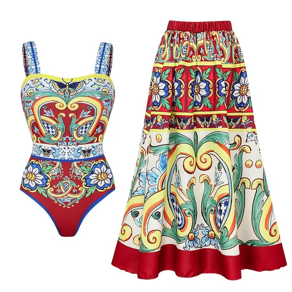2024 Vintage Pattern Printed One Piece Swimsuit Swimwear Bikini Set Women Beachwear Clearance Wholesale - Image 5