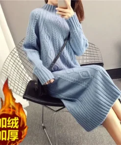 Khaki Thickened Sweater Women's Half High Neck Autumn And Winter New 2023 Korean Fashion Loose And Thin Knit Dress Long Female - Image 4