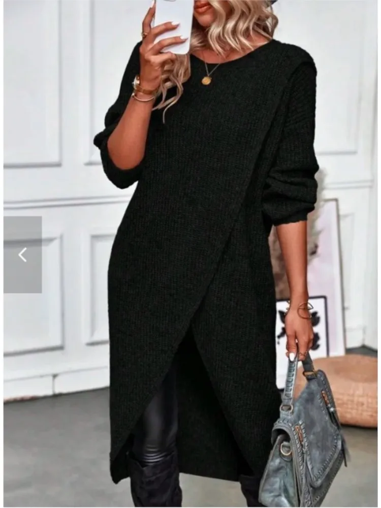 Womens Long Knitted Sweater Dress 2025 Autumn Winter Warm Fur Jumpers Casual Solid Loose Knit Midi Dress Lady Work Pullovers - Image 2