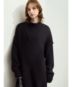 AMII Minimalist Womens Dresses 2025 Winter New Commuter Half Turtleneck Woman Clothing Solid Loose Knitted Midi Dress 12444229 - Image 3