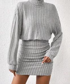 Women's Autumn Winter Fashion High Neck Knitted Sweater Dress Female Casual Solid Loose Long Sleeve Warm Mid Length Dresses - Image 4