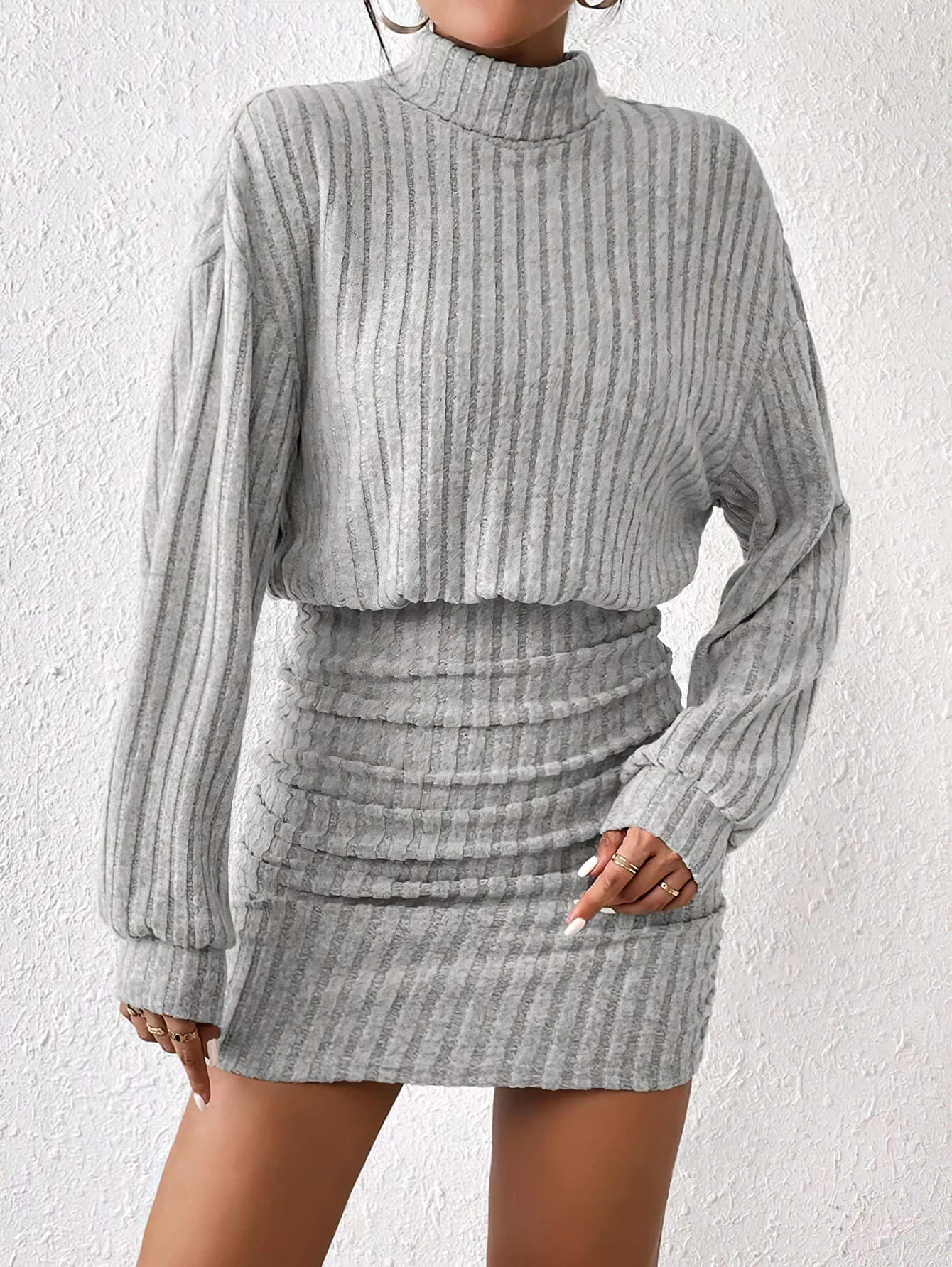 Women's Autumn Winter Fashion High Neck Knitted Sweater Dress Female Casual Solid Loose Long Sleeve Warm Mid Length Dresses - Image 4