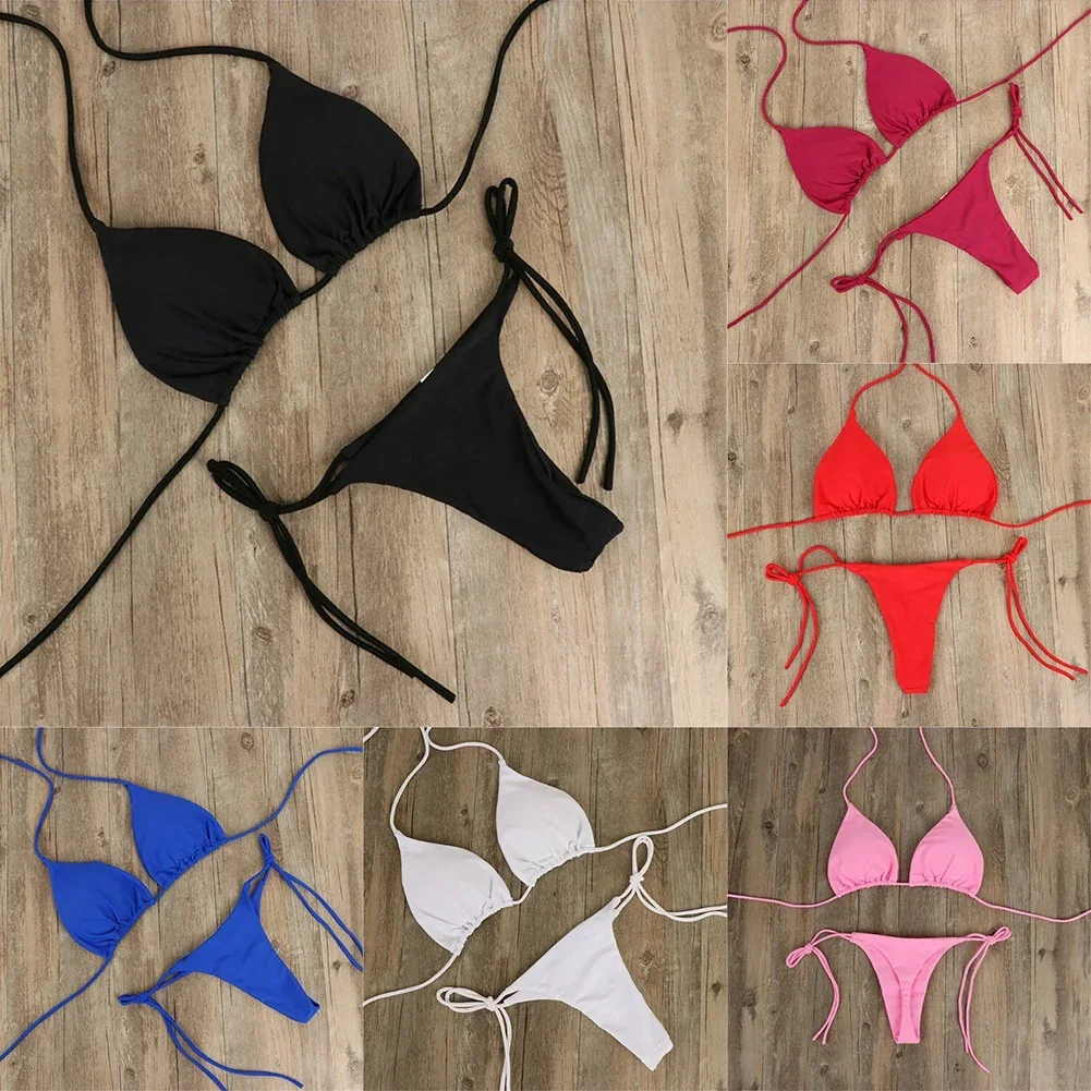 Solid Color Hanging Neck Style Lace-Up Bikini Women's Sexy Adjustable Triangle Beach Swimsuit No Steel Bracket No Chest Pad - Image 2