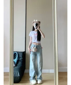 2025 Autumn Winter Bow Embroidery Design Sweet Korean Style High Waist Loose Fit Straight Leg Jeans - Image 3