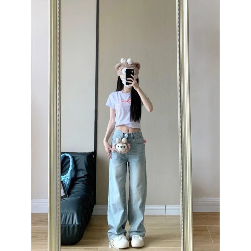 2025 Autumn Winter Bow Embroidery Design Sweet Korean Style High Waist Loose Fit Straight Leg Jeans - Image 3