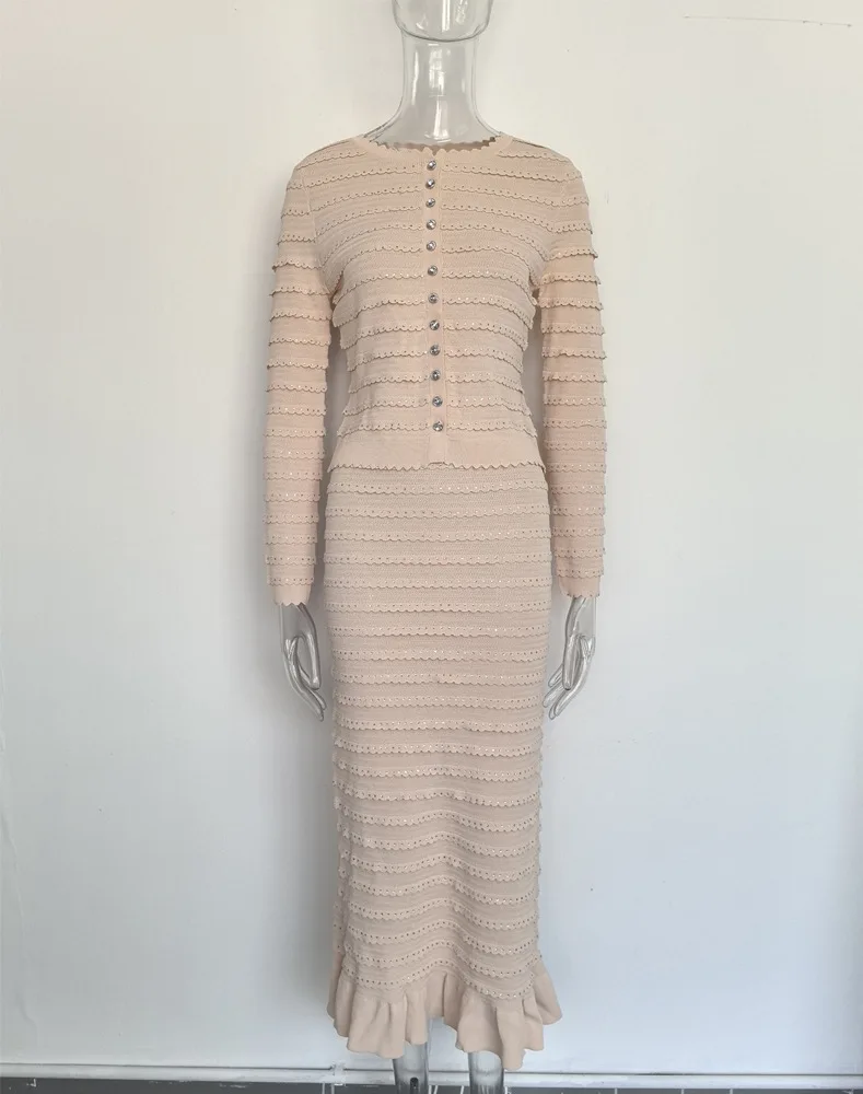In Stock Lady Fine Workmanship Hot Drilling 2Pcs O-neck Single-breasted Cardigan Mermaid Long Skirt Women Solid Knit Twin Sets - Image 3