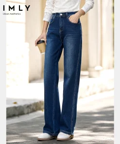 VIMLY Blue Denim Woman Pants Autumn Vintage 2025 New Straight Pockets Wide Leg Female Jeans Casual Button Trousers Ladies 75180 - Image 4