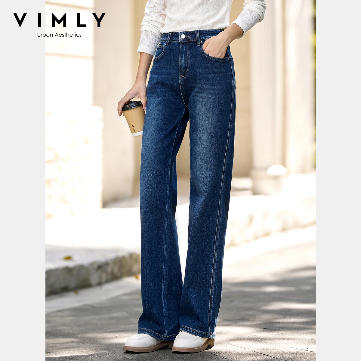VIMLY Blue Denim Woman Pants Autumn Vintage 2025 New Straight Pockets Wide Leg Female Jeans Casual Button Trousers Ladies 75180 - Image 4