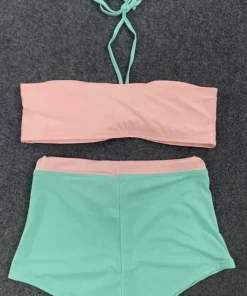 European American Y2K Sexy Cute Spicy Girl Strapless Hanging Neck Lace Up Bikini Color Blocking Shorts Two-piece Women Clothing - Image 5