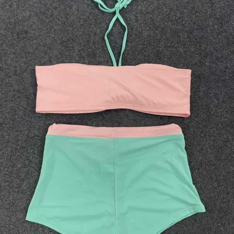 European American Y2K Sexy Cute Spicy Girl Strapless Hanging Neck Lace Up Bikini Color Blocking Shorts Two-piece Women Clothing - Image 5