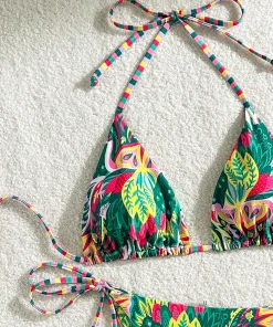 2025 new bikini European and American triangle cup print lace-up swimsuit hot girl small fresh seaside bikini swimsuit - Image 4