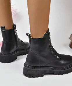 Winter Warm Short Plush Ankle Boots Women Fashion Zip Lace Up Platform Combat Boots Woman Comfy Low Heels Pu Leather Botas Mujer - Image 5