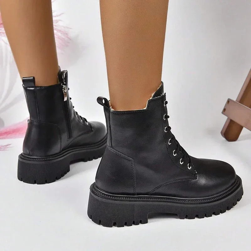 Winter Warm Short Plush Ankle Boots Women Fashion Zip Lace Up Platform Combat Boots Woman Comfy Low Heels Pu Leather Botas Mujer - Image 5