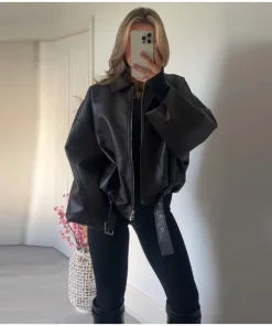 Vintage PU Leather Bomber Jackets 2025 Autumn New Ladies Zipper Lapel Long Sleeve Pocket Coat With Belt Women's Loose Streetwear - Image 5