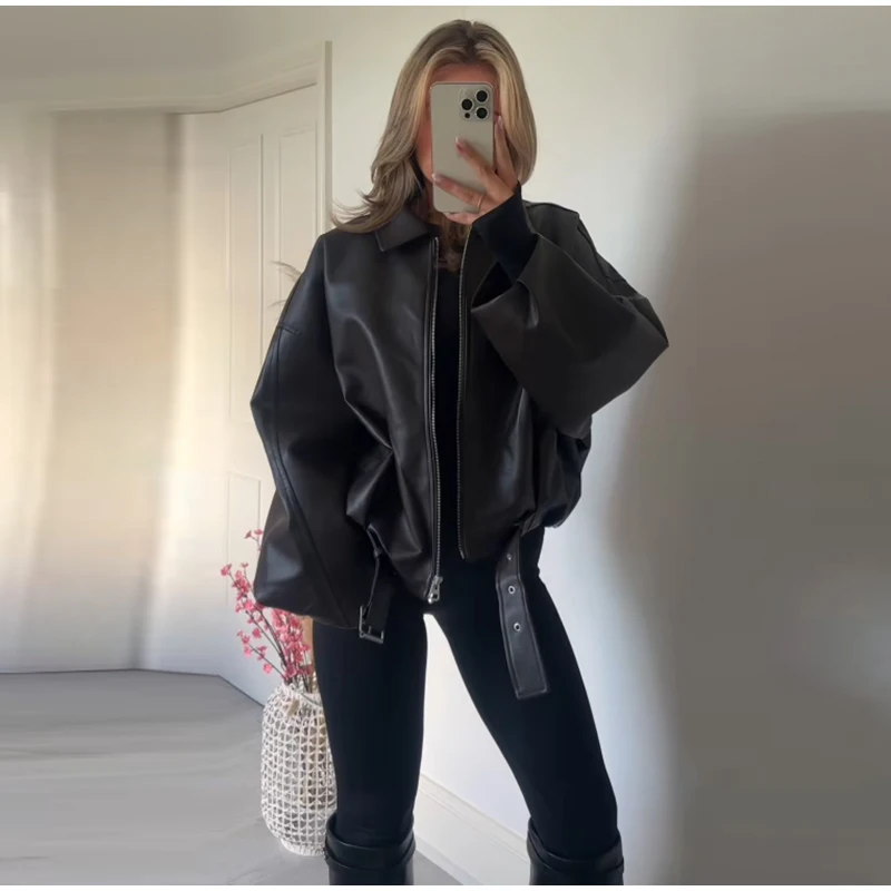 Vintage PU Leather Bomber Jackets 2025 Autumn New Ladies Zipper Lapel Long Sleeve Pocket Coat With Belt Women's Loose Streetwear - Image 5