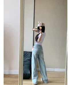 2025 Autumn Winter Bow Embroidery Design Sweet Korean Style High Waist Loose Fit Straight Leg Jeans - Image 4