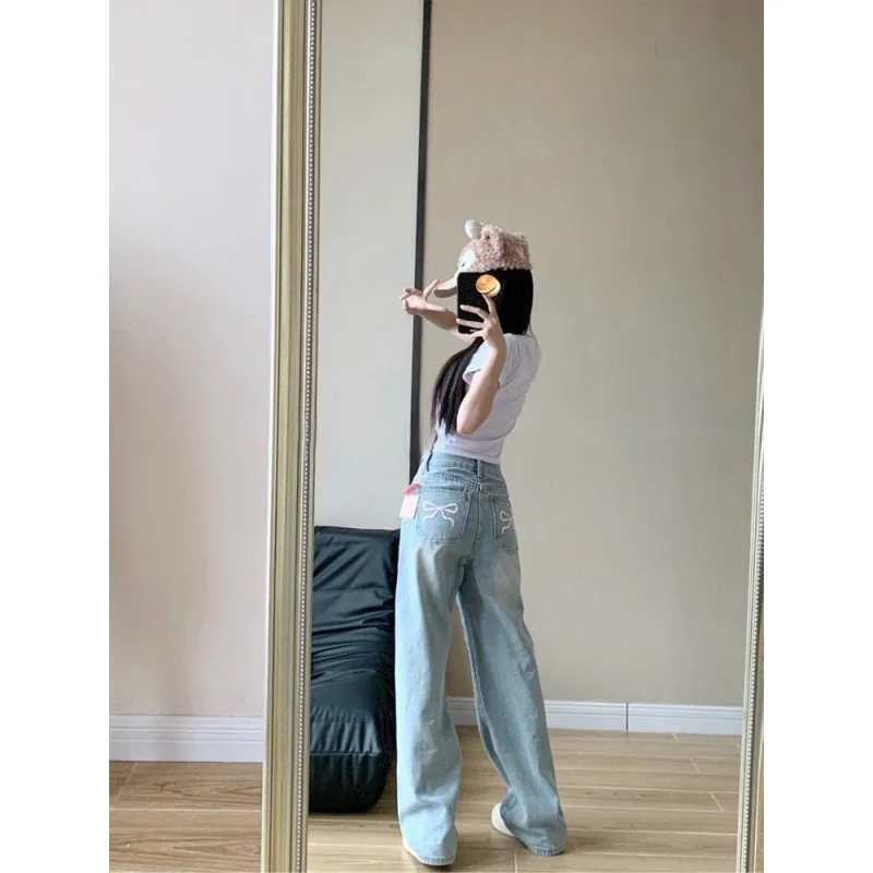 2025 Autumn Winter Bow Embroidery Design Sweet Korean Style High Waist Loose Fit Straight Leg Jeans - Image 4